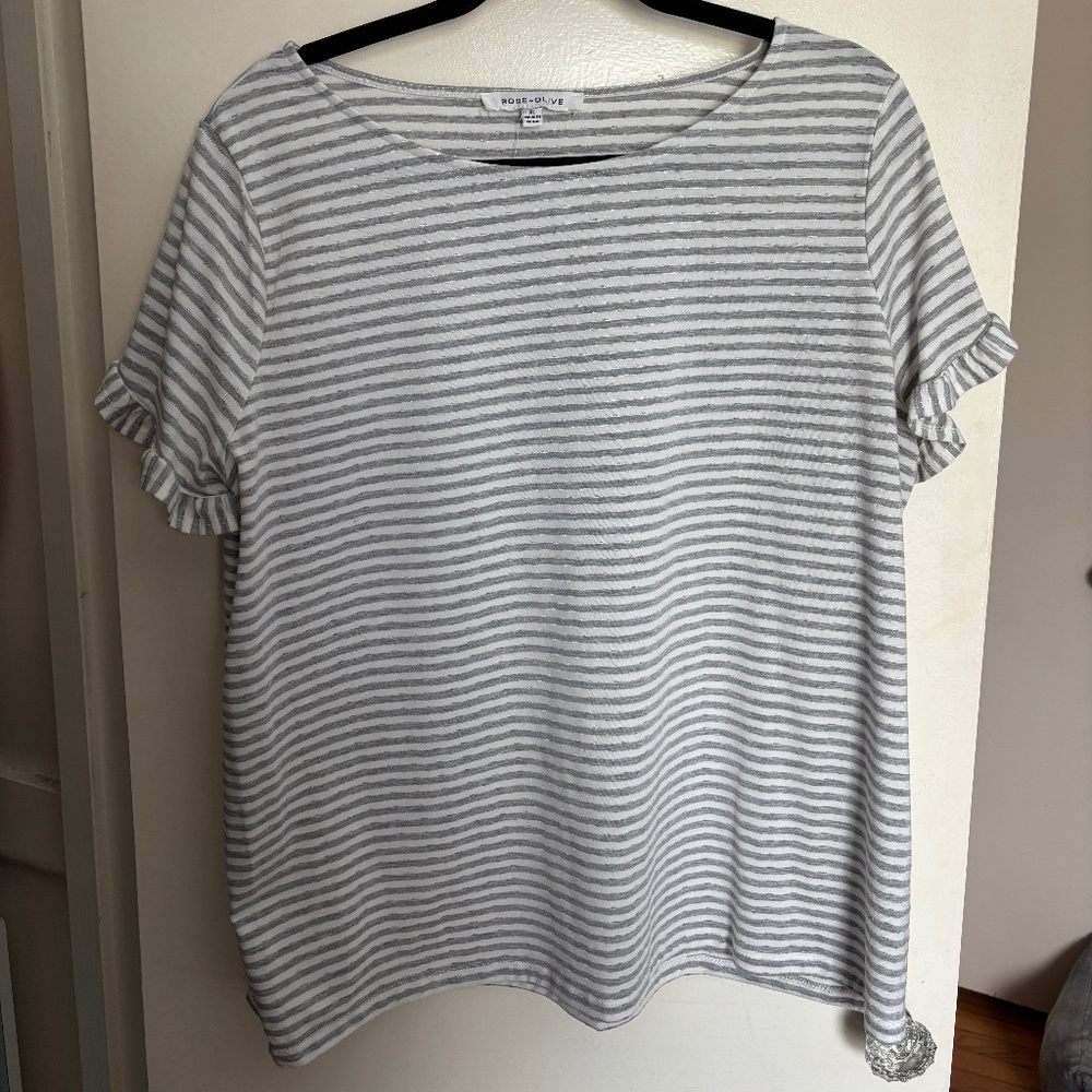 Rose and Olive striped grey/silver shirt with ruffle sleeves